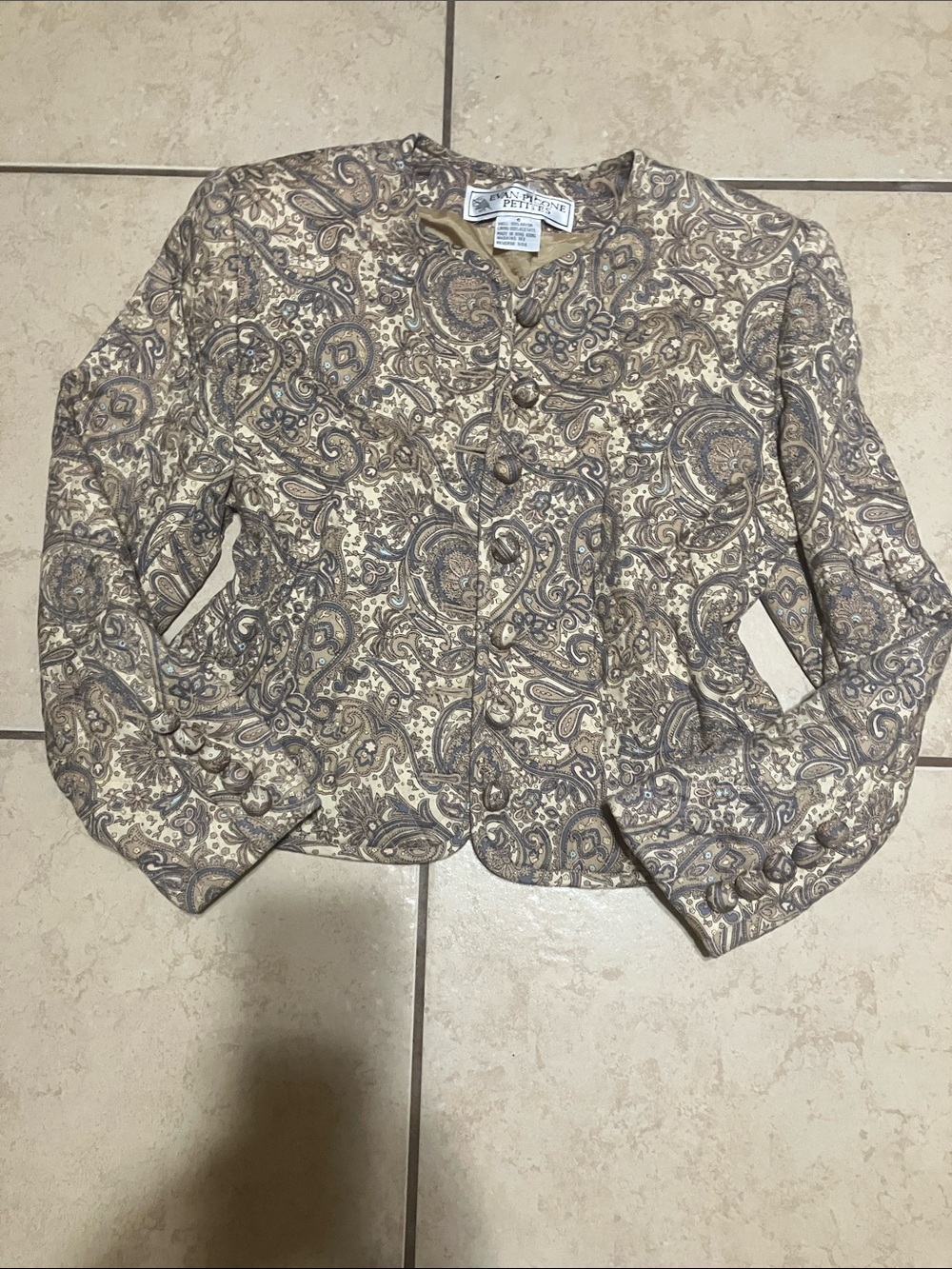 Petite Sophisticate Cream and Taupe Paisley Button-Front Top